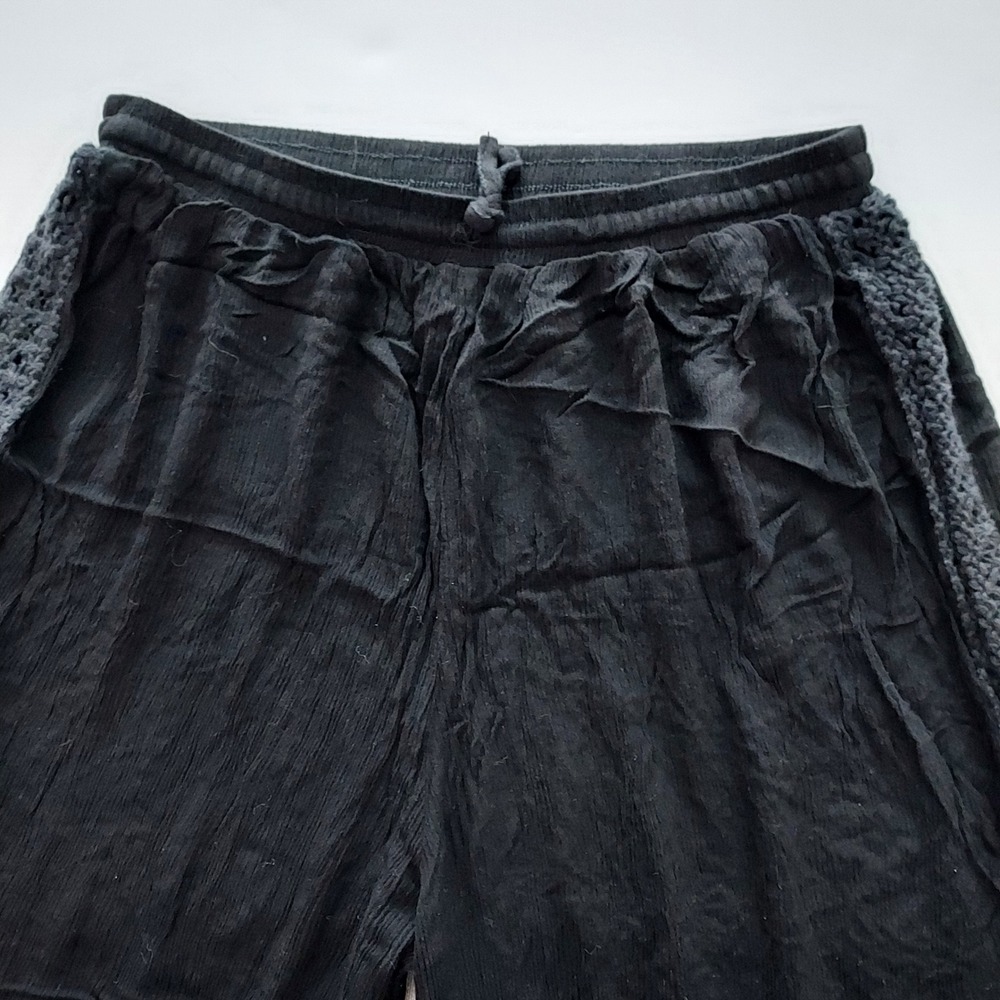 LM Beach Black Crochet‎ Trim Crinkle Wide Leg Pants Women's M Whimsigoth